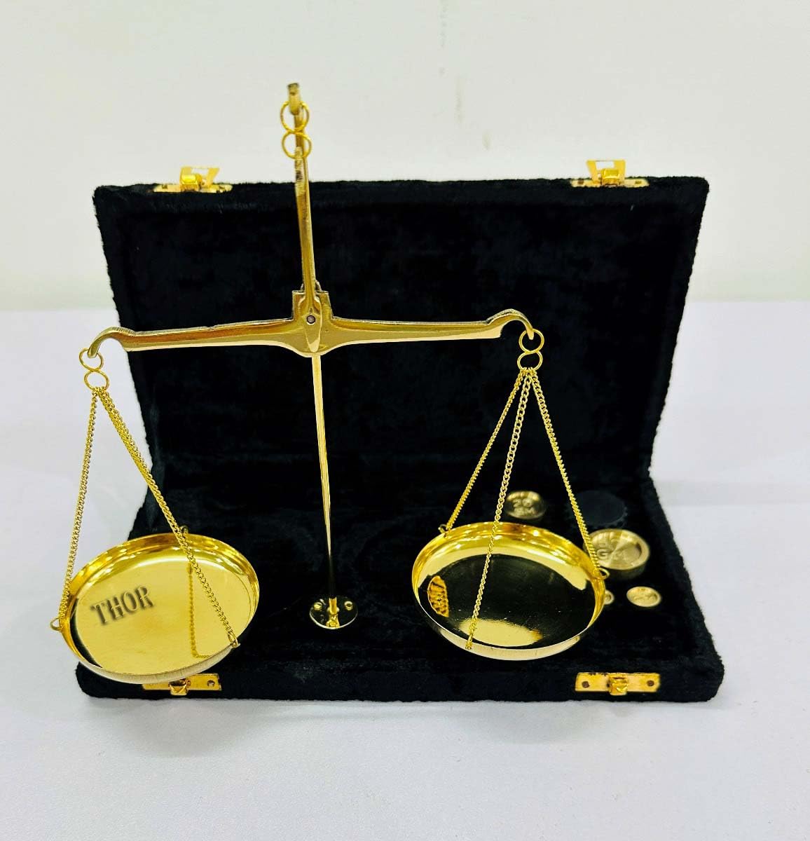Gold Brass Jewelry Scale with Black Box Goldsmith Weight Taraju Showpiece Levels & Measuring Tool with Weight Balance 10 x 5 inches