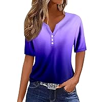 Summer Tops for Women 2024 V-Neck Button Loose Comfy Henley Tunic Loose Fit T-Shirts Casual Short Sleeve Graphic Tees