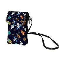 Small Crossbody Bags Spaceship Stars Planets With Rockets Prints Leather Cell Phone Purse Wallet for Women Teen Girl