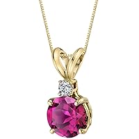 PEORA Created Ruby with Genuine Diamond Pendant in 14K Yellow Gold, Elegant Solitaire, Round Shape, 6.50mm, 1.35 Carats total