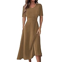 Summer Dresses for Women 2024 Vacation Solid Color Stretchy Sundress Casual Loose Short Sleeve V Neck Midi Dress