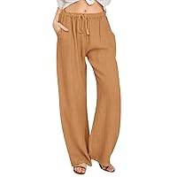NBXNZWF Women's Cotton Linen Pants 2024 Summer Casual Straight Leg Drawstring High Waist Palazzo Pants Trousers with Pockets