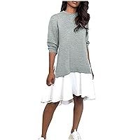 Fall Sweatshirt Dress Women Oversized Patchwork Tunic Dresses Casual Trendy Pleated Hem Pullover Pleated Mini Dress