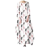 Women's Cotton Linen Dress with Pocket Oversized Loose Dress Kaftan Dress Beach Floral Sundress Flowy Maxi Dresses
