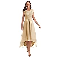 Lace Appliques Mother of The Bride Dress Chiffon?High Low Crew Neck Wedding Guest Dresses with Pockets