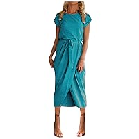 Dresses for Women 2024 Summer Round Neck Sleeveless A-Line Dress Hem Belted Swing Beach Dresses