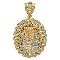 10k Two tone Gold Unisex Cubic Zirconia CZ Curb Link Border Jesus Face Religious Charm Pendant Necklace Mea Jewelry for Women