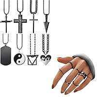 FAXHION Men Black Cross Necklaces set, Black Knuckle Rings Set for Women Girls