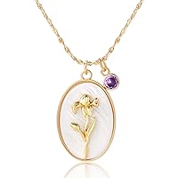 Birth Flower Shell Cameo Necklace with Birthstone Charms for Women Girls: Dainty 18K Gold Plated Vintage Crystal Seashell Personalized Necklaces Aesthetic Birthday Gifts