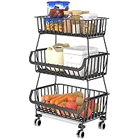 3-Tier Fruit Vegetable Basket for Kitchen, Rolling Pantry Snack Organizer Cart on Wheels for Under Pantry Shelves, Stackable Wire Kitchen Storage Rack for Storing Fruit Onion Potato Bread