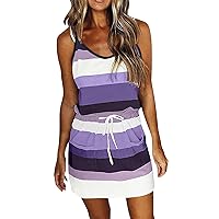 Striped Mini Dress for Women Casual V Neck Short Sleeve T Shirt Dresses Drawstring Waist Belted Dress with Pockets