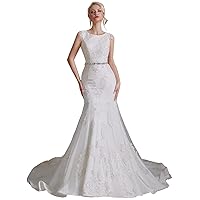 Women's Capped Lace Applique Mermaid Wedding Dress with Belt