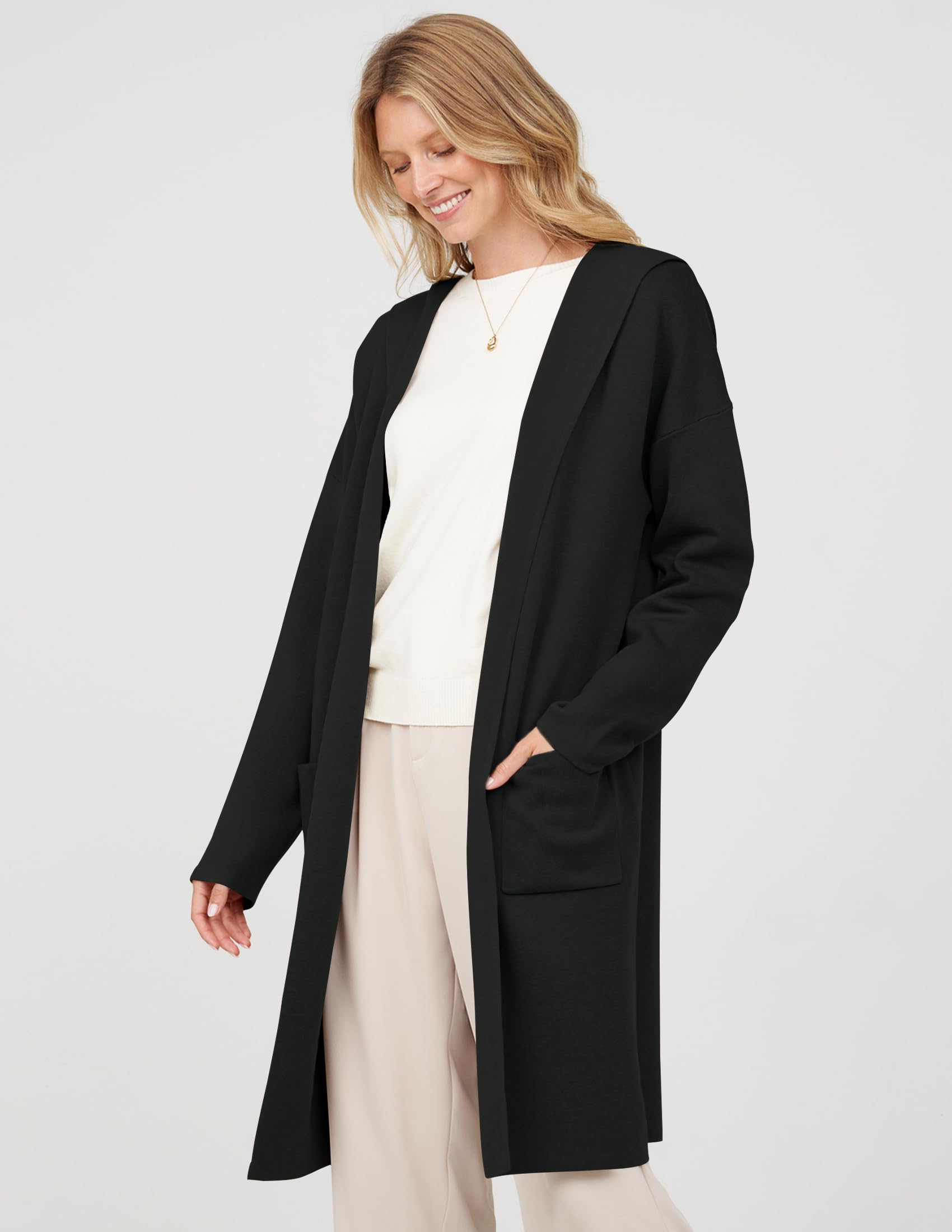 MEROKEETY Women's 2023 Long Sleeve Hooded Cardigan Dressy Open Front Knit Sweater Coat with Pockets