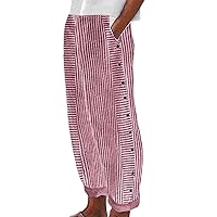 Summer Linen Capris for Women Summer Casual Feather Print Plus Size Harem Trousers Straight Leg Wide Leg Pants Cropped Pants
