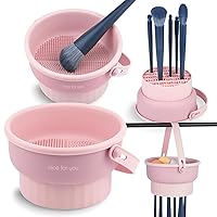 Makeup Brush Cleaner Mat 3 in 1 Silicone Makeup Brush Cleaning Bowl with Drying Holder Brush Cleaning Scrubber Tool Cosmetic Brush Cleaner with Holder for Storage Stand (Pink)