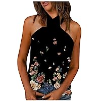 Womens Summer Tops 2023 Halter Summer Sleeveless Tshirt Tops Flowy Loose Fit Pleated Tank Top Basic Sexy Vest Cami