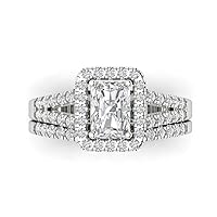 1.57ct Emerald Cut Clear VVS1 Ideal Zircon 14k White Gold Halo Solitaire W/Accents Wedding Anniversary Bridal Ring Band Set