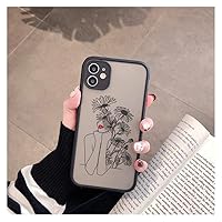 Line Art Sketch Flower Girl Protection Phone Case for iPhone 12 11 13 14 Pro MAX X XS XR SE 2 6s 7 8 Plus Hard Translucent Cover,Black Girl 4,for iPhone 11