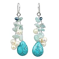 NOVICA Handmade Cultured Freshwater Pearl Waterfall Earrings Amazonite Resin .925 Sterling Silver White Turquoise Blue Beaded Cluster Dangle Statement Thailand Birthstone [2.4 in L x 0.8 in W] 'Azure