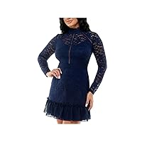 B Darlin Womens Navy Stretch Lace Zippered Sheer Lined Floral Long Sleeve Mock Neck Mini Party Fit + Flare Dress Juniors 78