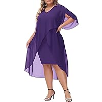 Plus Size Elegent Low Asymmetrical Hem Knee Dresses for Wedding Guest Flowy 3/4 Sleeve Party Dress Purple 14 Plus