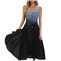 Sleeveless Dresses for Women 2024 V Neck Dress Casual Gradient Print Maxi Dress Evening Party Dresses