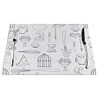 Set of 4 Placemats Potter Different Witch Equipment Harry Wand Pattern Broom Witchcraft Non-Slip Washable Place Mats for Dinner Parties Decor Kitchen Table 12x18 Inch