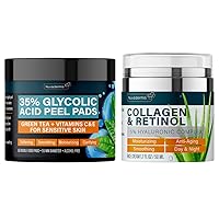 Collagen and Retinol Cream & 35% Glycolic Acid Pads - Face Moisturizer - Night & Day Cream - Anti Aging & Anti Wrinkle Lotion - Exfoliating Facial Peel Wipes - 60 Double-Side Pads