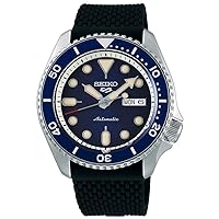 SEIKO SRPD93 Watch for Men - 5 Sports - Automatic with Manual Winding Movement, Blue Sunray Dial with Blue Bezel, Stainless Steel Case, Black Silicone Strap, and Day/Date Display