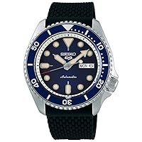 SEIKO SRPD93 Watch for Men - 5 Sports - Automatic with Manual Winding Movement, Blue Sunray Dial with Blue Bezel, Stainless Steel Case, Black Silicone Strap, and Day/Date Display