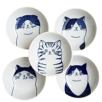 Japanese Cat Ceramic Small Plates - Set of 5 - Great Gift for Cat Lovers, 5 Cats 3.5in