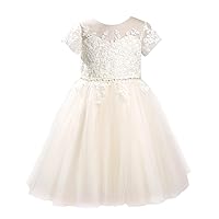 PLUVIOPHILY Short Sleeves Lace Tulle Sheer Back Wedding Flower Girl Dress Kids Party Dress with Beaded Belt