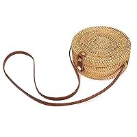Handwoven Round Rattan Bag Shoulder Leather Straps for Women