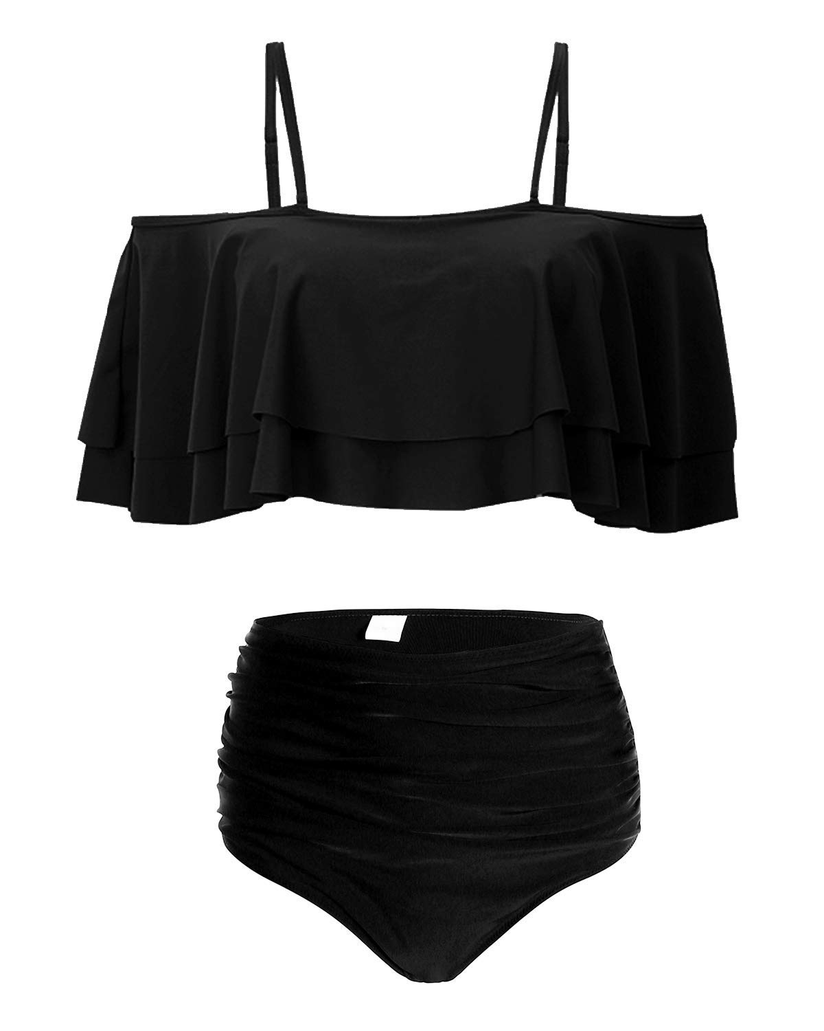 Tempt Me Bundle Women Ruffled Off Shoulder Bikini Top with High Waisted Ruched Swim Bottoms