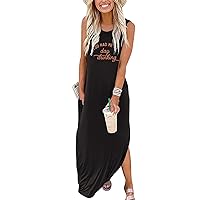 Women You Had Me at Day Drinking Tank Sundress Casual Maxi Sleeveless Tshirt Dress Side Slit Long Dress with Pocket