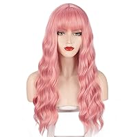Naisicore Pink Wigs For Women, Women Pink Wig with Bangs Colorful Wig for Women Synthetic Long Wavy Pink Wigs for Halloween Cosplay Party Use 24 Inch