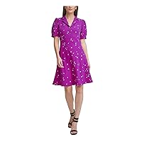 DKNY Womens Stretch Pleated Fitted Button Front Unlined Short Sleeve Collared Short Party Fit + Flare Dress