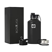 IRON °FLASK Sports Water Bottle - 3 Lids (Wide Spout Lid), Leak Proof - Stainless Steel Gym & Sport Bottles for Men, Women & Kids - Double Walled, Insulated Thermos, Metal Canteen-MidnightBlack, 64 Oz