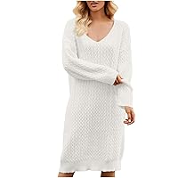 Women's 2023 Fall V Neck Long Sleeve Sweater Dress Casual Loose Fit Twisted Knit Fashion Solid Knee Length Dresses