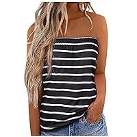 Women Stripe Elastic Frill Trim Off Shoulder Tube Tops Summer Sleeveless Strapless Casual Loose Fit Fashion Bandeau