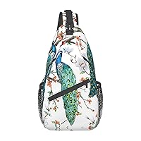 Sling Backpack,Travel Hiking Daypack Beautiful Peacock Flowers Print Rope Crossbody Shoulder Bag