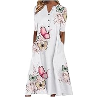 Womens Button V Neck High Waist Trendy Floral A-Line Dresses Summer Short Sleeve Casaul Midi Dress with Pockets