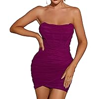 Sexy Off Shoulder Mesh Bodycon Corset Tube Dress Party Ruched Vintage Strapless Zipper Night Out Dresses for Women