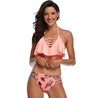 The New Swimsuit Bikini Braided Rope Single-Edge Swimsuit M Upper Oranges and Lower Flowers