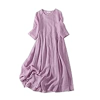 Women's Solid Round Neck Cotton Linen Double Layered Flowing Hem Long Casual Dress Casual Maxi Dress