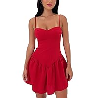 Women Sexy Spaghetti Strap A-Line Dress Summer Casual Corset Mini Dress Low Cut Going Out Cute Sundress Clubwear