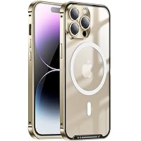 Case for iPhone 14/14 Plus/14 Pro /14 Pro Max Translucent Matte PC Back Stainless Steel Border Military-Grade Case Compatible with MagSafe with Camera Protector (Gold,iPhone14 Plus)