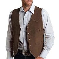 Mens Retro 5 Button Suede Suit Vest V Neck Leather Casual Waistcoat for Prom Banquet for Father Husband Gift Regular Fit
