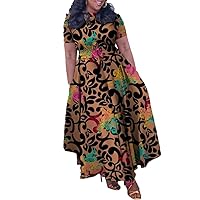 Plus Size 3/4 Sleeve Camo Dress for Women African Print Camouflage A-line Dress Flowy Long Maxi Dress with Belt