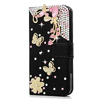 Crystal Wallet Phone Case Compatible with Samsung Galaxy S23 Ultra - Butterfly - Black - 3D Handmade Sparkly Glitter Bling Leather Cover with Screen Protector & Beaded Phone Lanyard